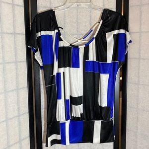 Blue, White & Black Geometric Pattern Dressy Blouse Size Med